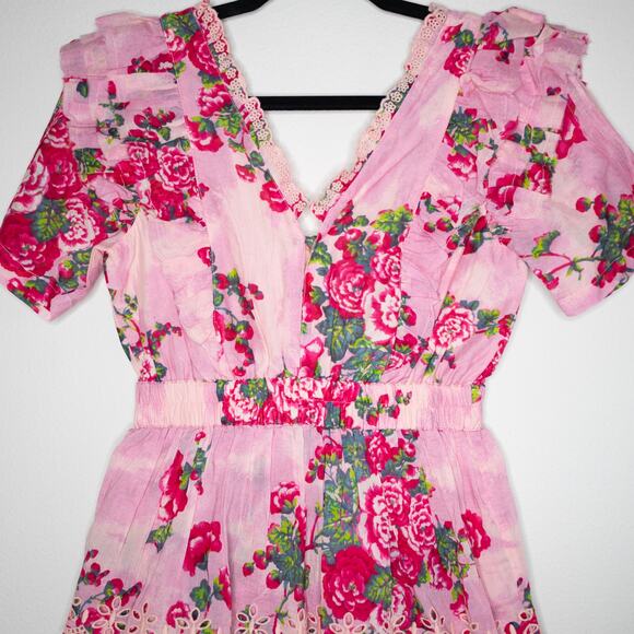 LoveShackFancy Aldina Mini Dress Pink Desert Floral Tiered Crochet SZ XS NWT - Picture 6 of 8